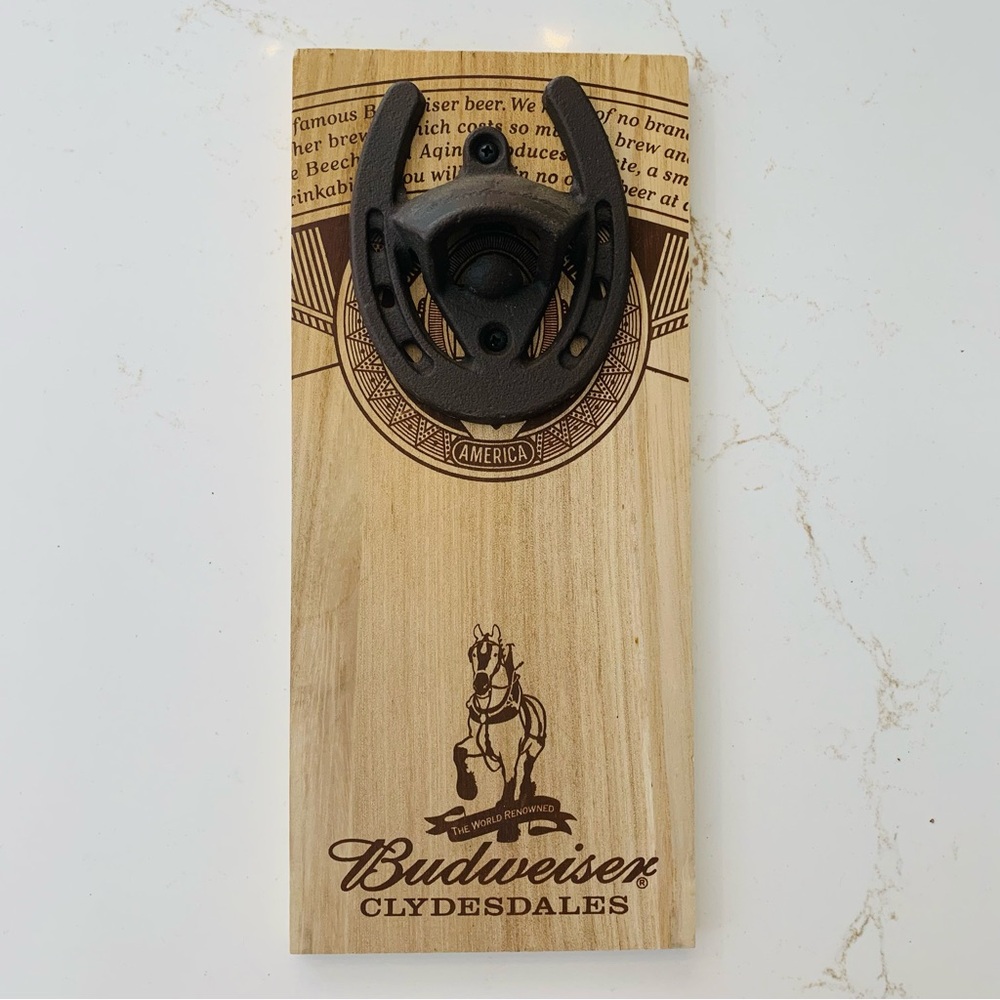 BUDWEISER Clydesdales Cast Iron & Wood Mountable Bottle Opener 11”x5”.